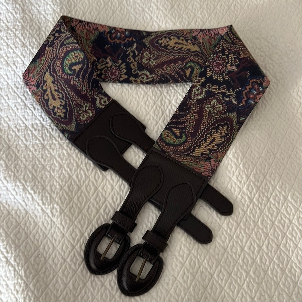 Anthropologie Paisley Elastic Belt, Brown Leather, Size Small